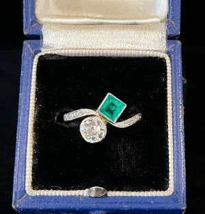 Edwardian Square Cut Emerald and Diamond Crossover Ring