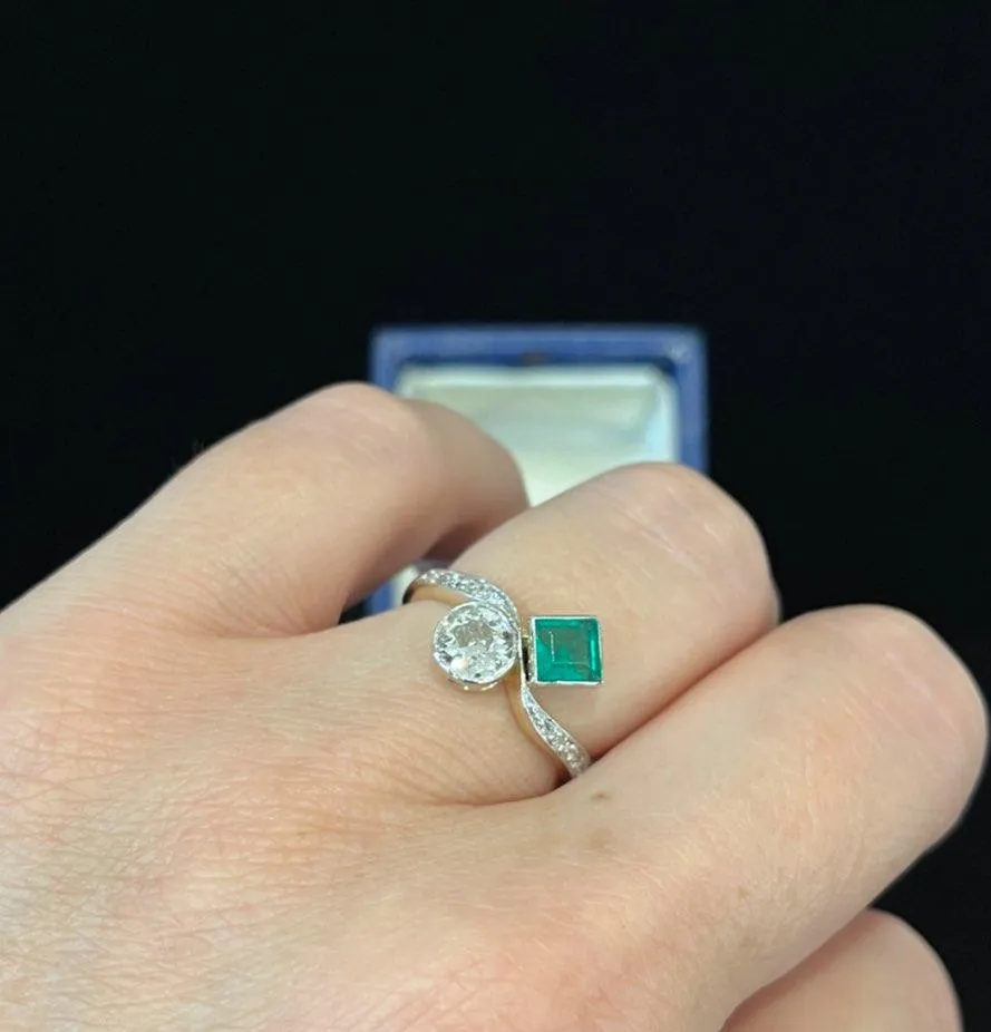 Edwardian Square Cut Emerald and Diamond Crossover Ring