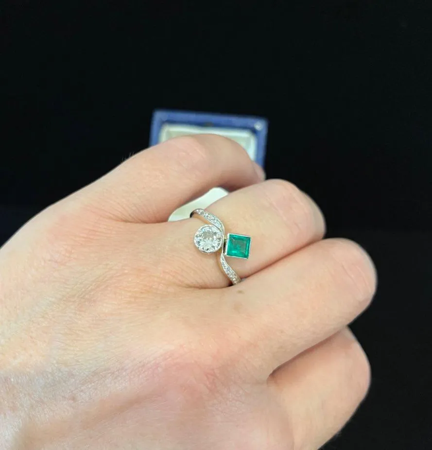 Edwardian Square Cut Emerald and Diamond Crossover Ring