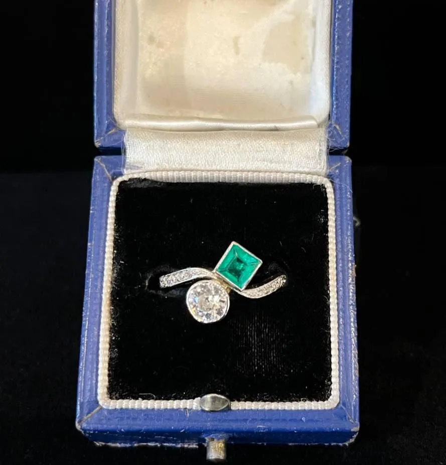 Edwardian Square Cut Emerald and Diamond Crossover Ring