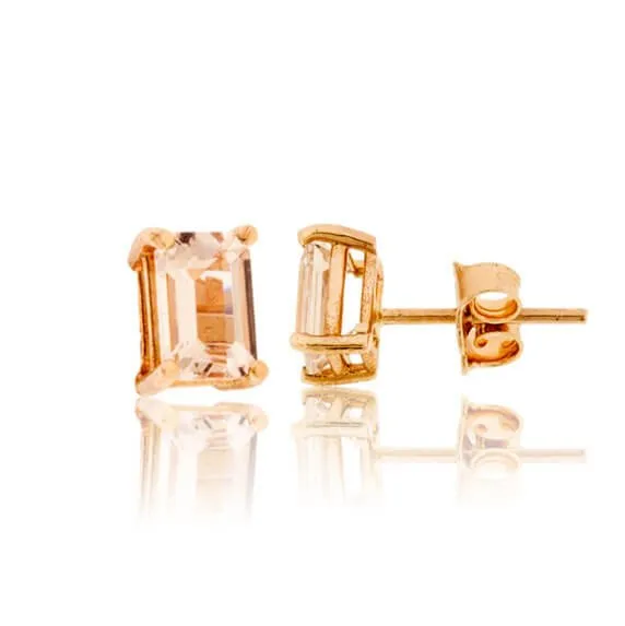 Emerald-Cut Pink Morganite Stud Earrings