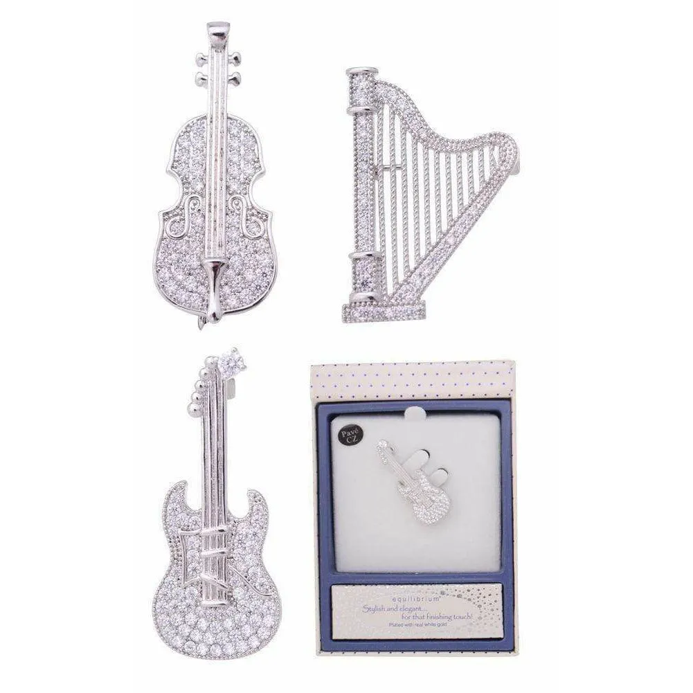 Equilibrium Music Instruments Brooch / Pin - Silver with Crystals Electric Guitar, Cello or Harp