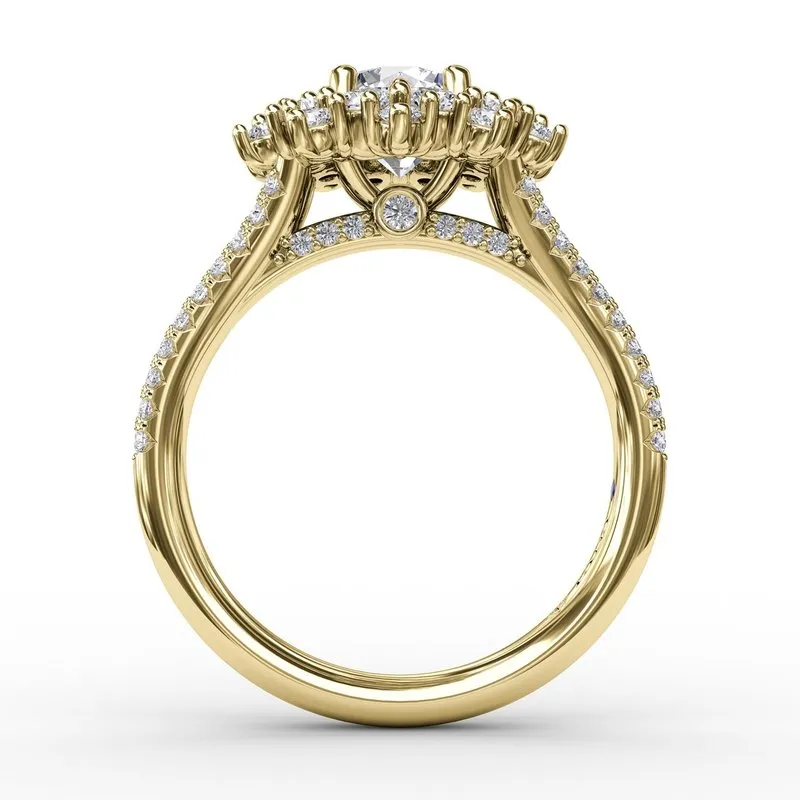Fana Contemporary Floral Halo Engagement Ring With Double-Row Pavé Band 3234