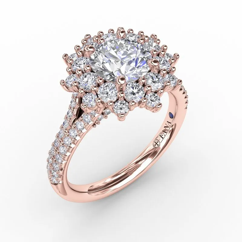 Fana Contemporary Floral Halo Engagement Ring With Double-Row Pavé Band 3234