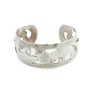 Floral Silver "D. Olson" Scandinavian Cuff Bracelet