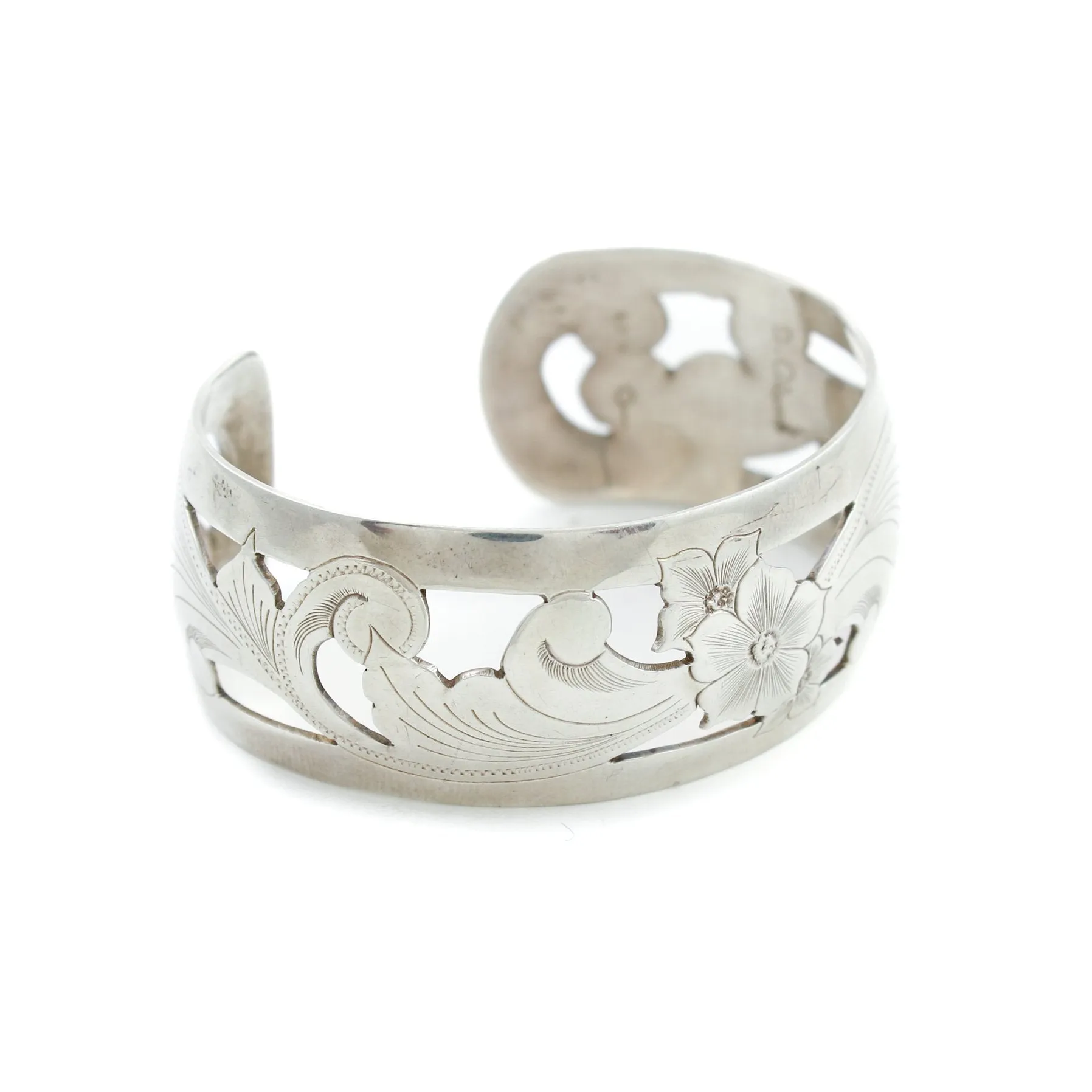 Floral Silver "D. Olson" Scandinavian Cuff Bracelet