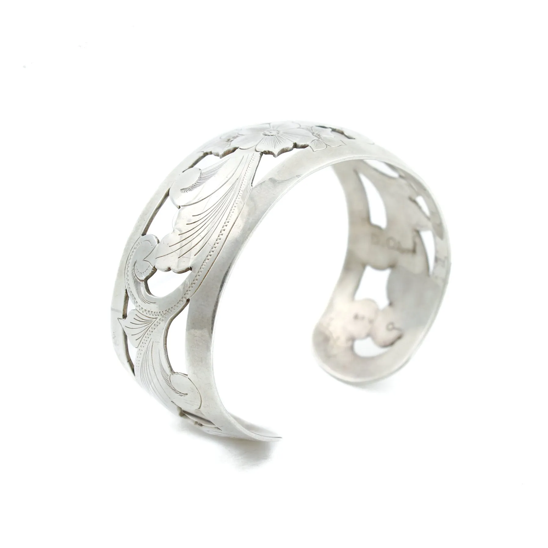 Floral Silver "D. Olson" Scandinavian Cuff Bracelet