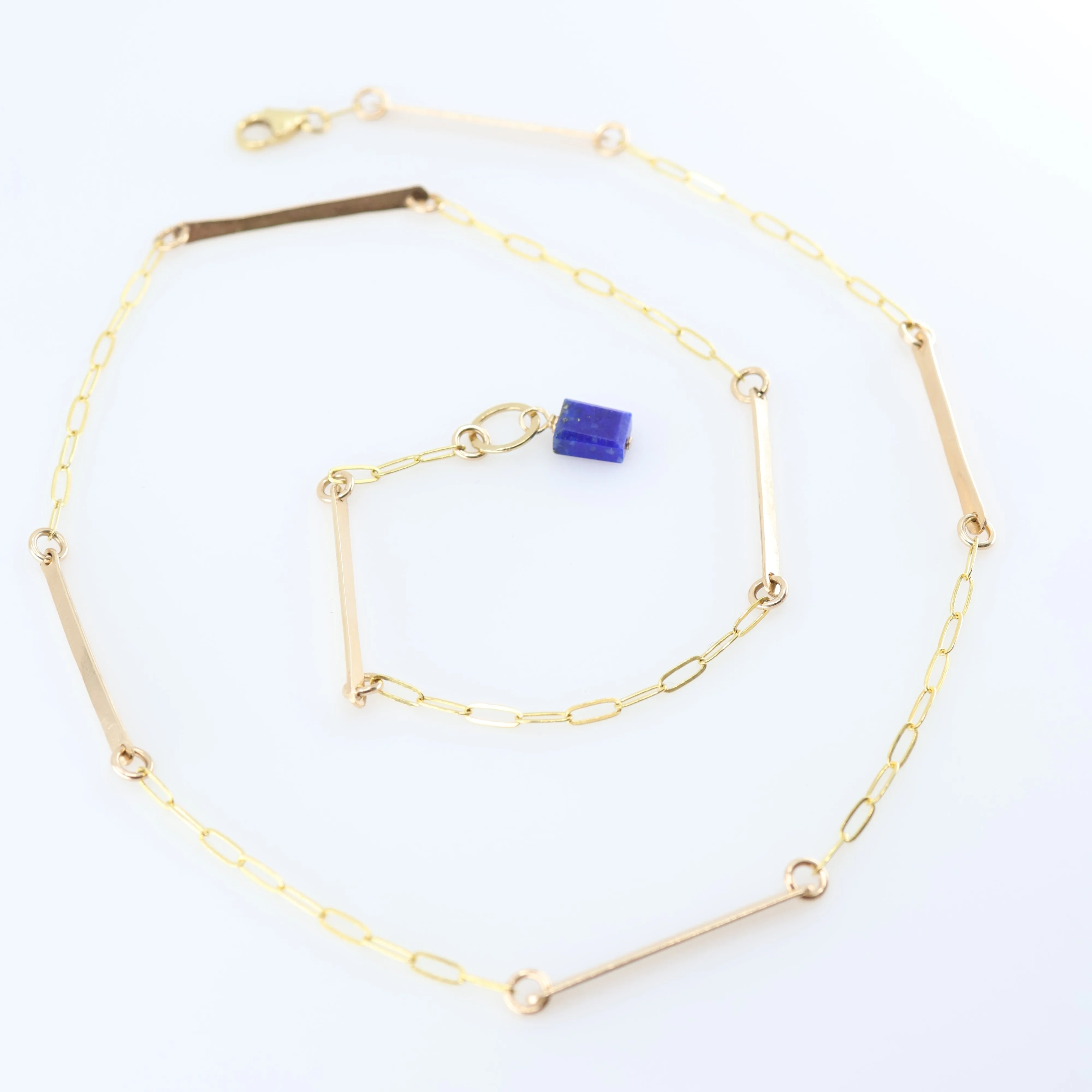 Forged Bar and Paperclip Chain Necklace with Lapis Lazuli Accent