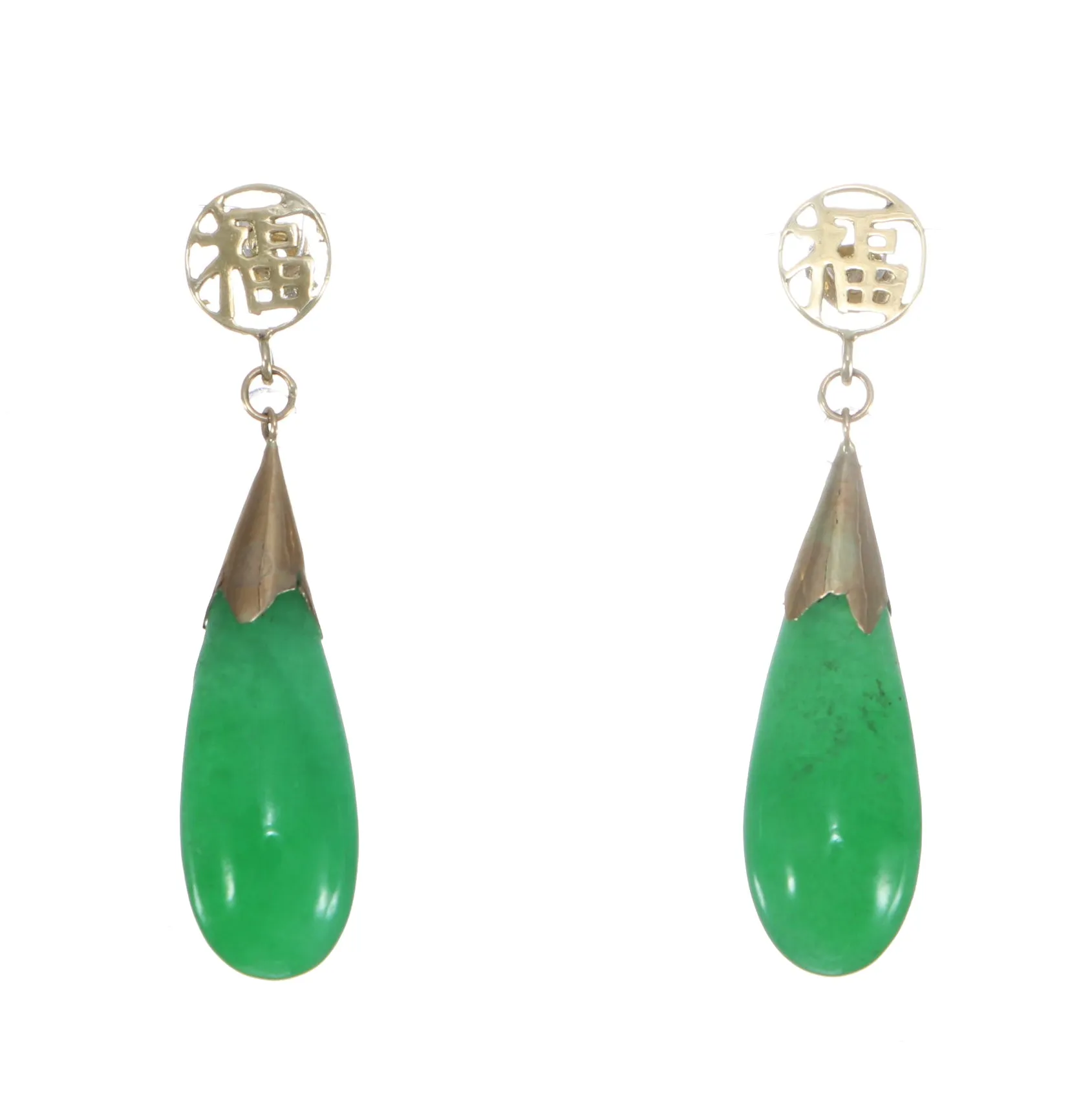 Green Jade Jadeite Teardrop Dangle Earrings Solid 14k Yellow Gold 4.5g