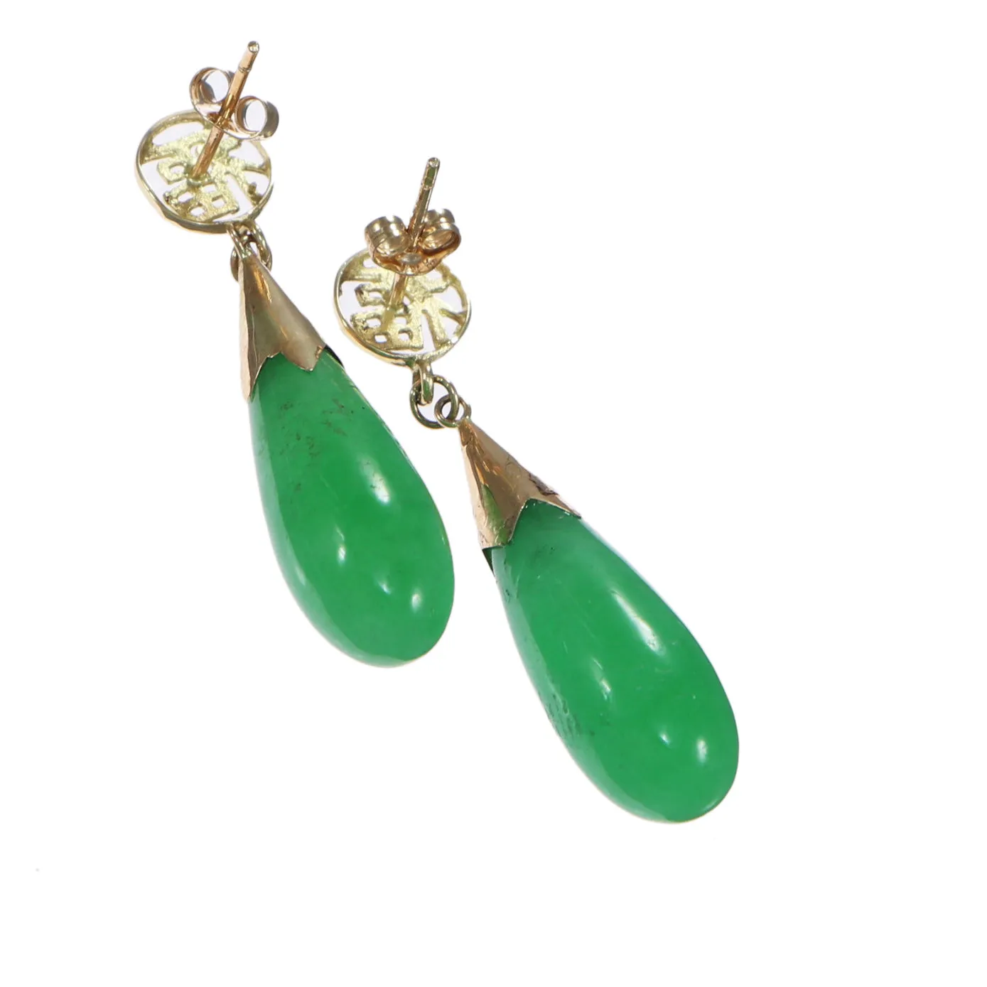 Green Jade Jadeite Teardrop Dangle Earrings Solid 14k Yellow Gold 4.5g