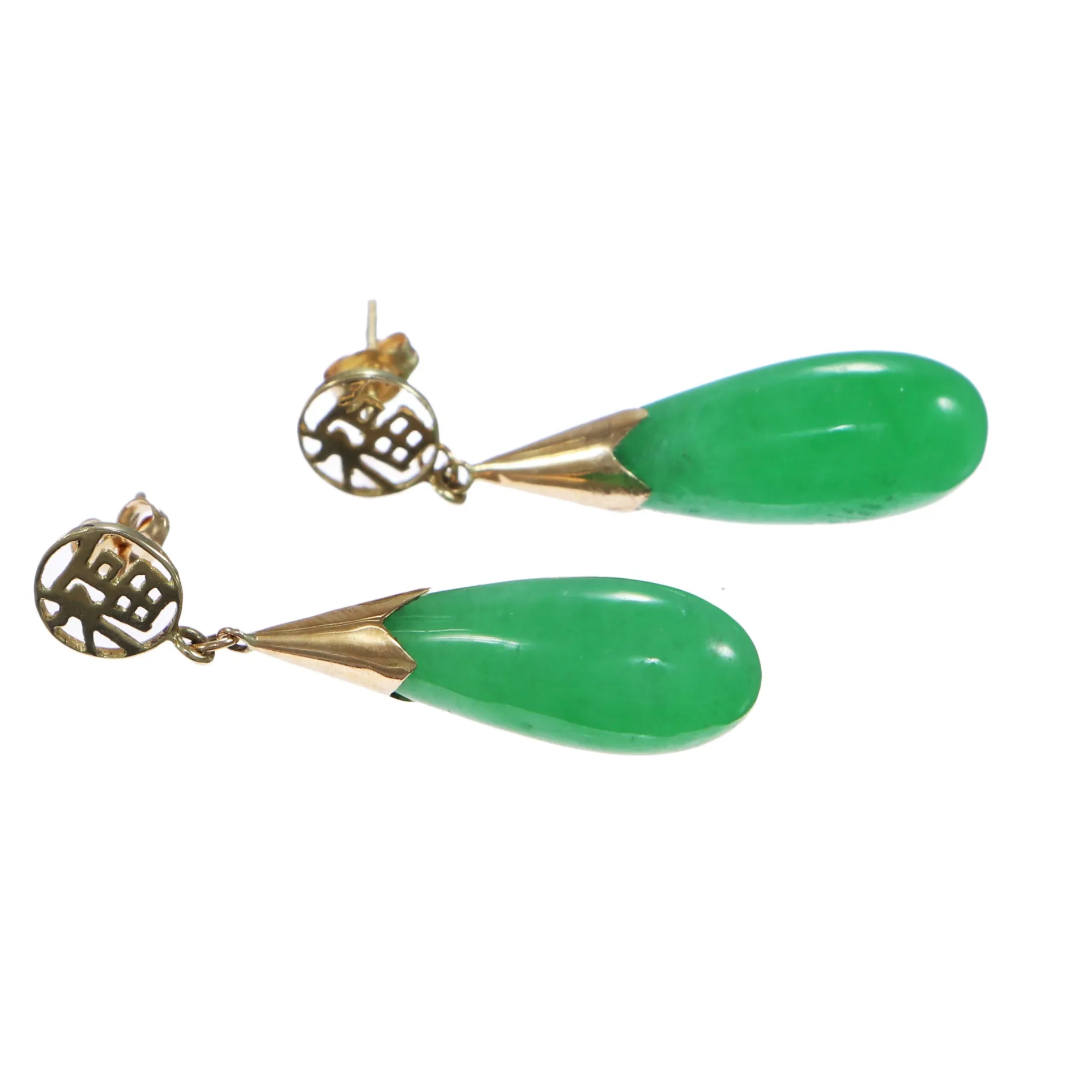 Green Jade Jadeite Teardrop Dangle Earrings Solid 14k Yellow Gold 4.5g