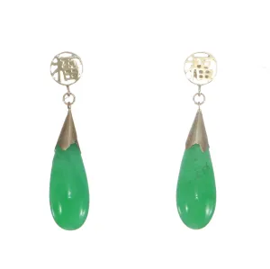 Green Jade Jadeite Teardrop Dangle Earrings Solid 14k Yellow Gold 4.5g
