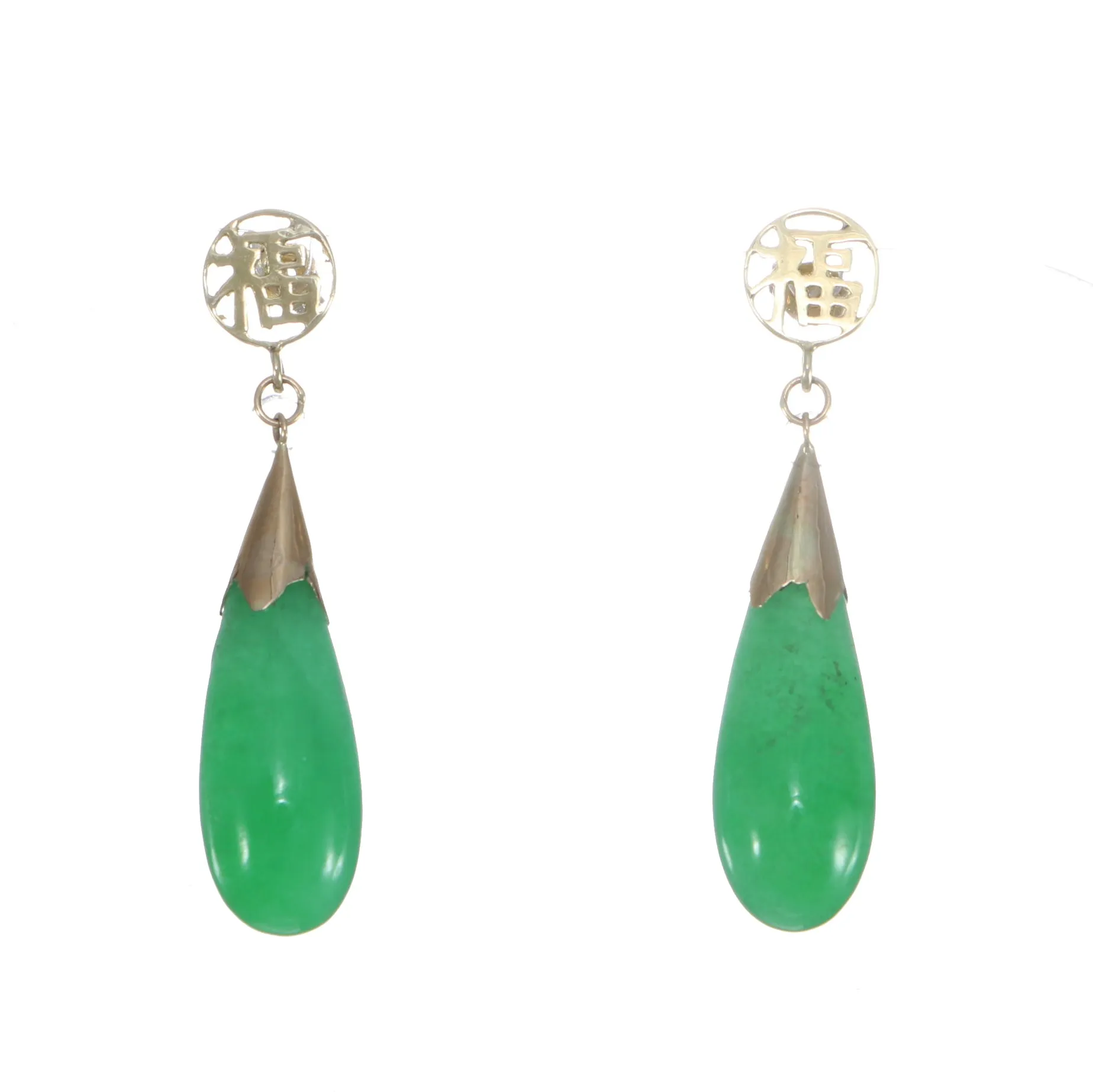 Green Jade Jadeite Teardrop Dangle Earrings Solid 14k Yellow Gold 4.5g
