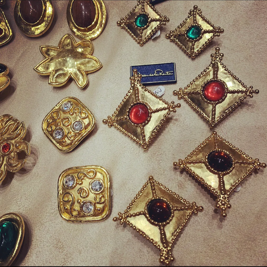 Green square clip on earrings by Oscar de la Renta