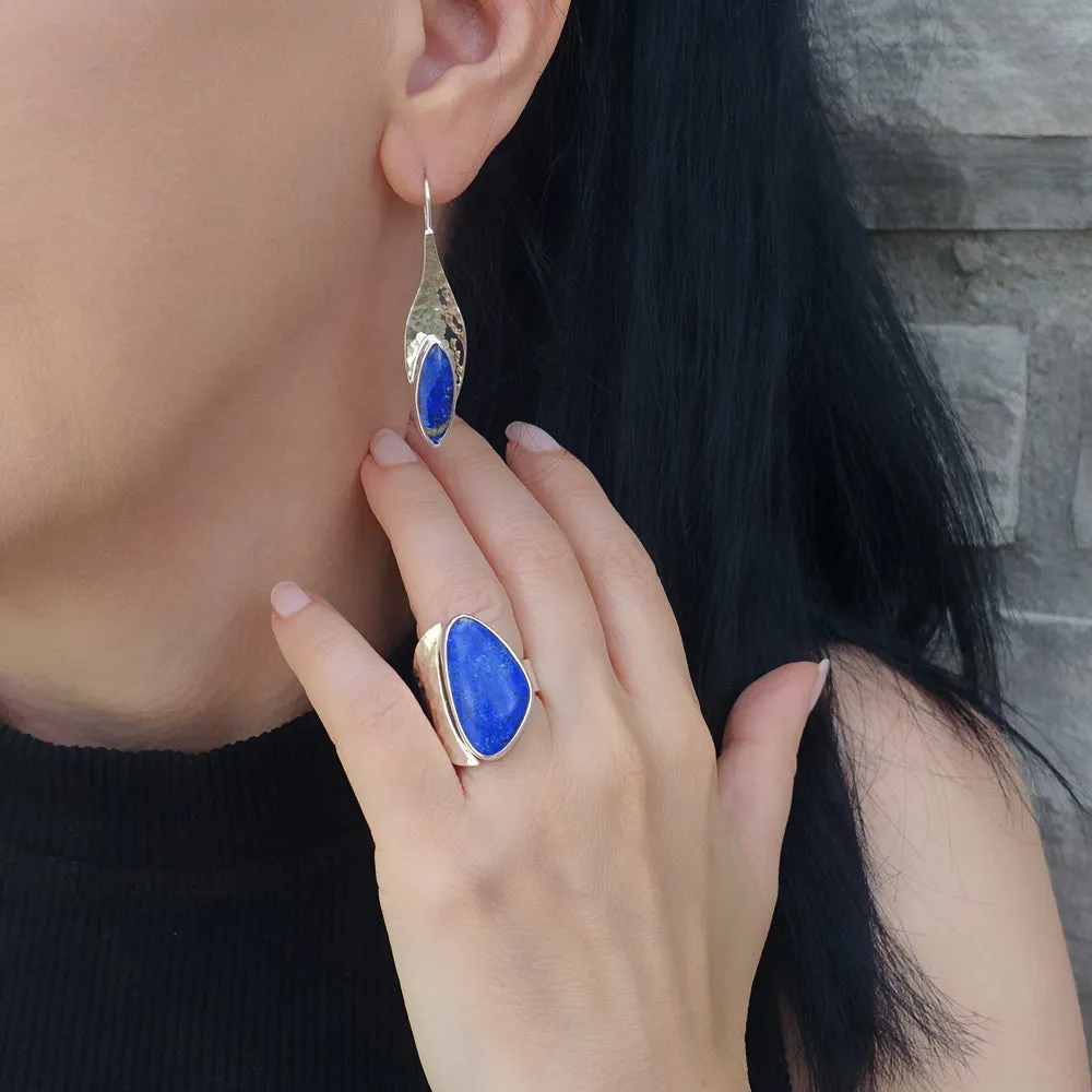Hammered Silver and Lapis Drop Earrings