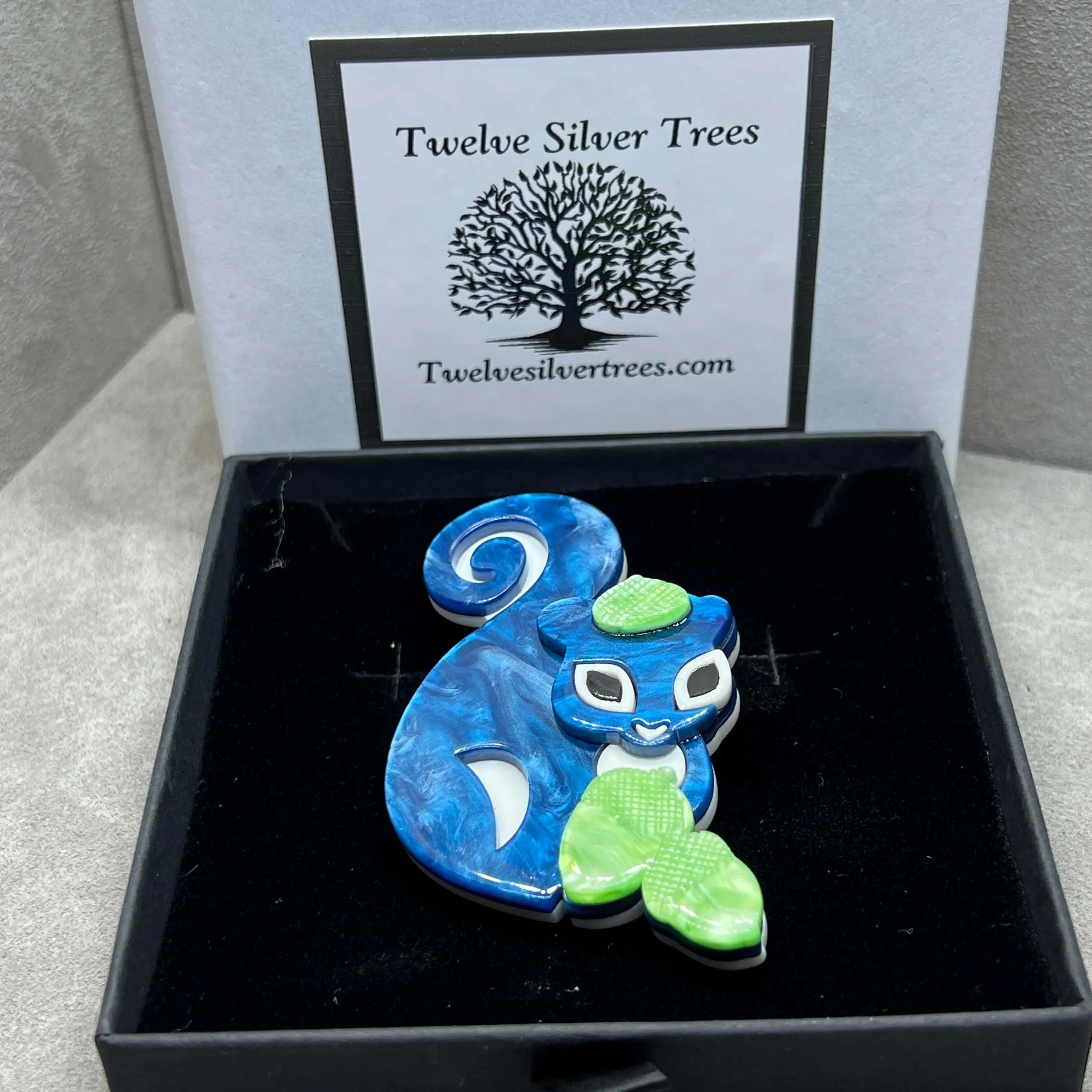 Handmade Acrylic Art Brooch - “Nuts About You” Blue Squirrel