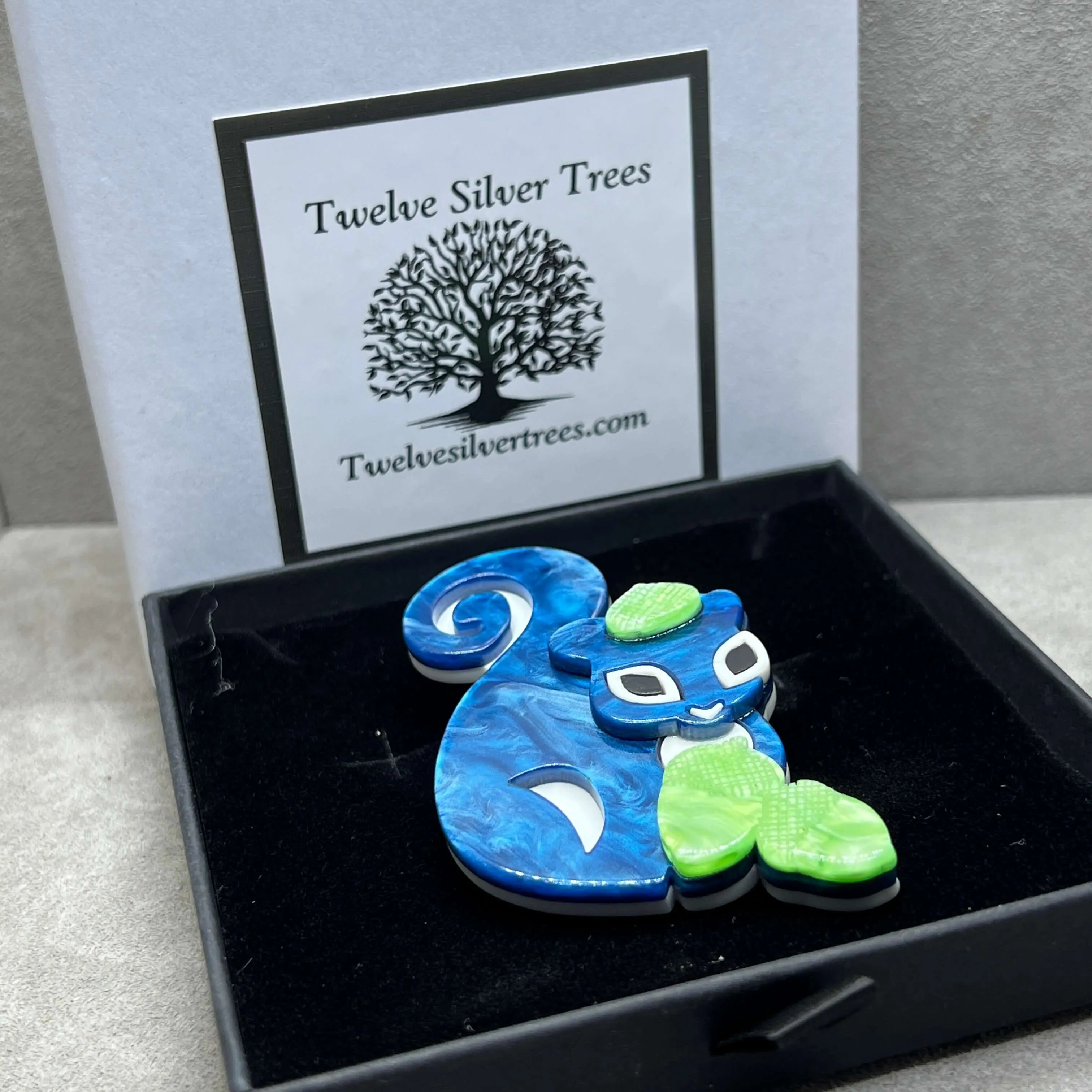 Handmade Acrylic Art Brooch - “Nuts About You” Blue Squirrel