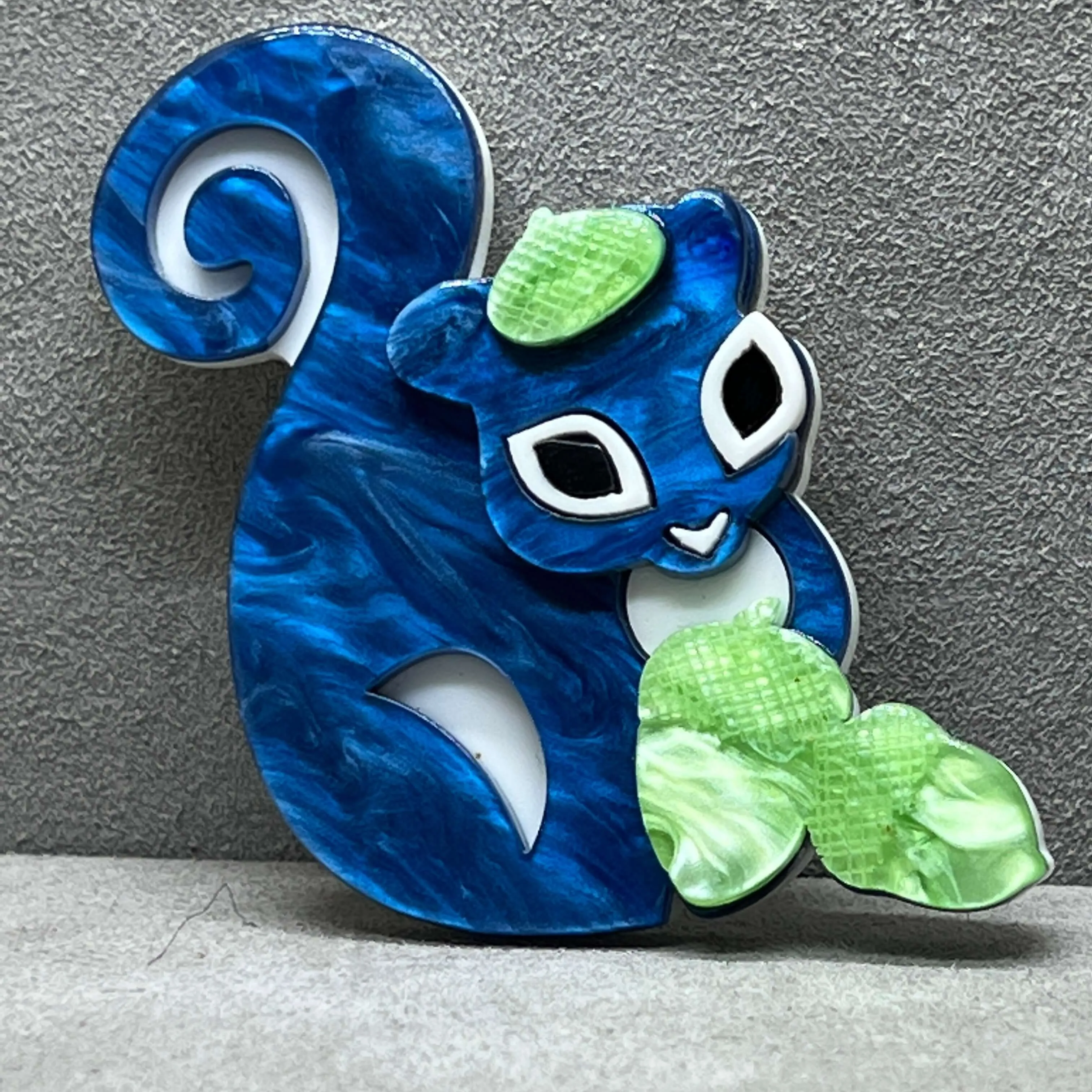 Handmade Acrylic Art Brooch - “Nuts About You” Blue Squirrel