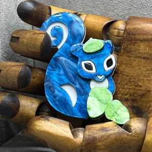 Handmade Acrylic Art Brooch - “Nuts About You” Blue Squirrel