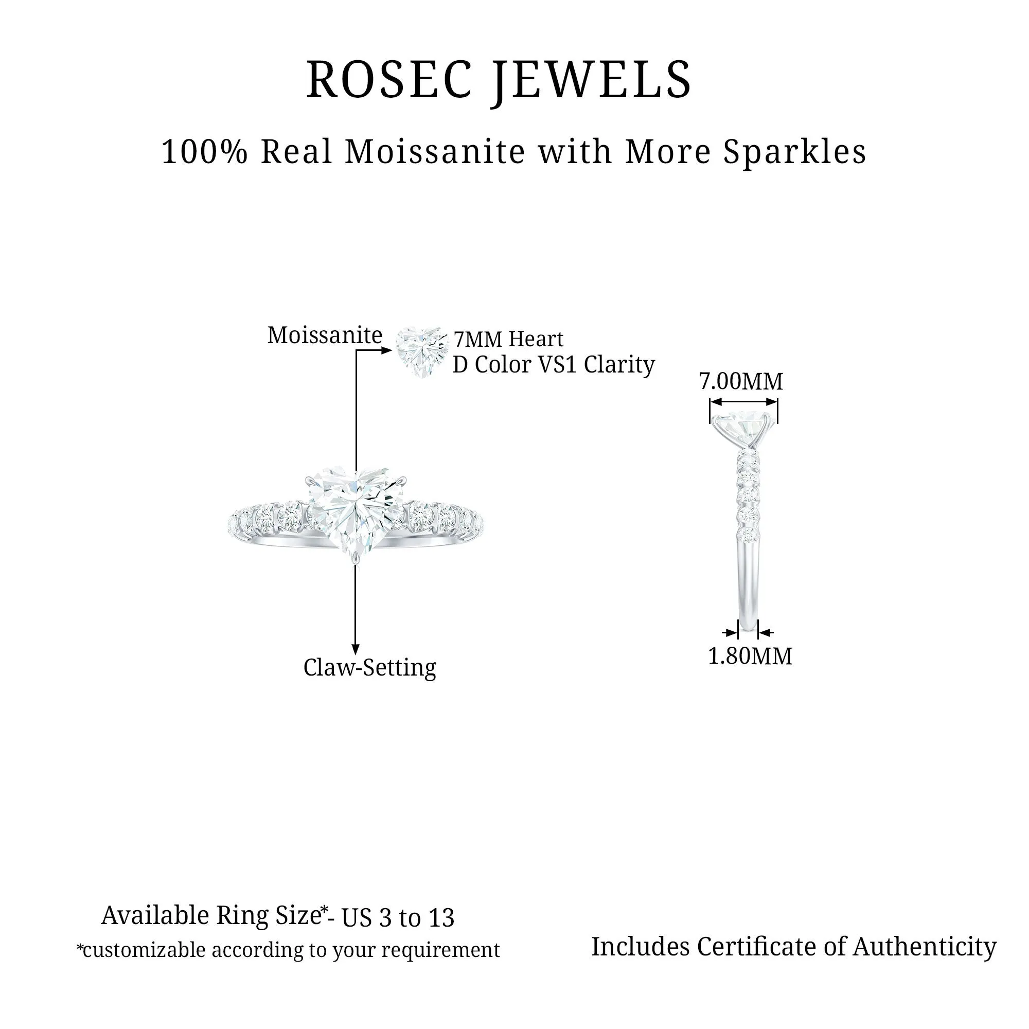 Heart Shape Moissanite Solitaire Engagement Ring with Side Stones