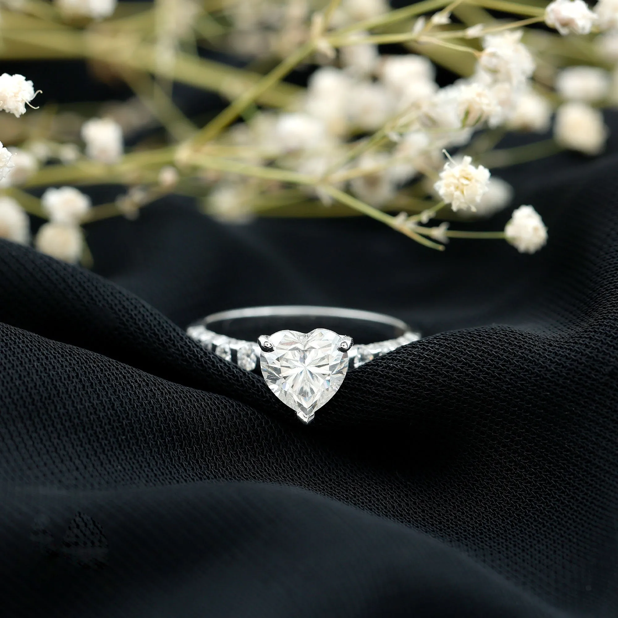 Heart Shape Moissanite Solitaire Engagement Ring with Side Stones