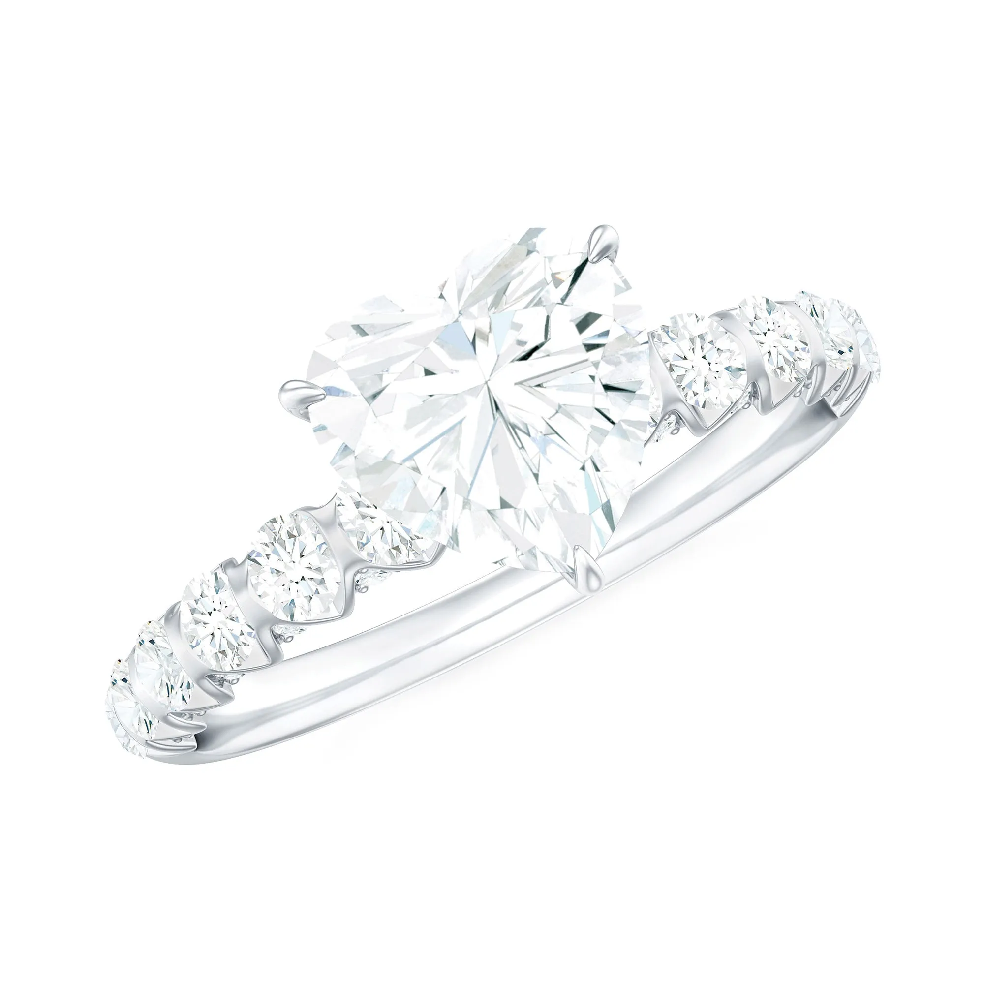 Heart Shape Moissanite Solitaire Engagement Ring with Side Stones