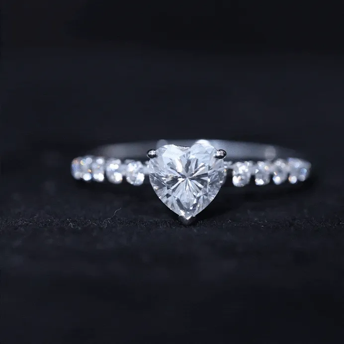 Heart Shape Moissanite Solitaire Engagement Ring with Side Stones