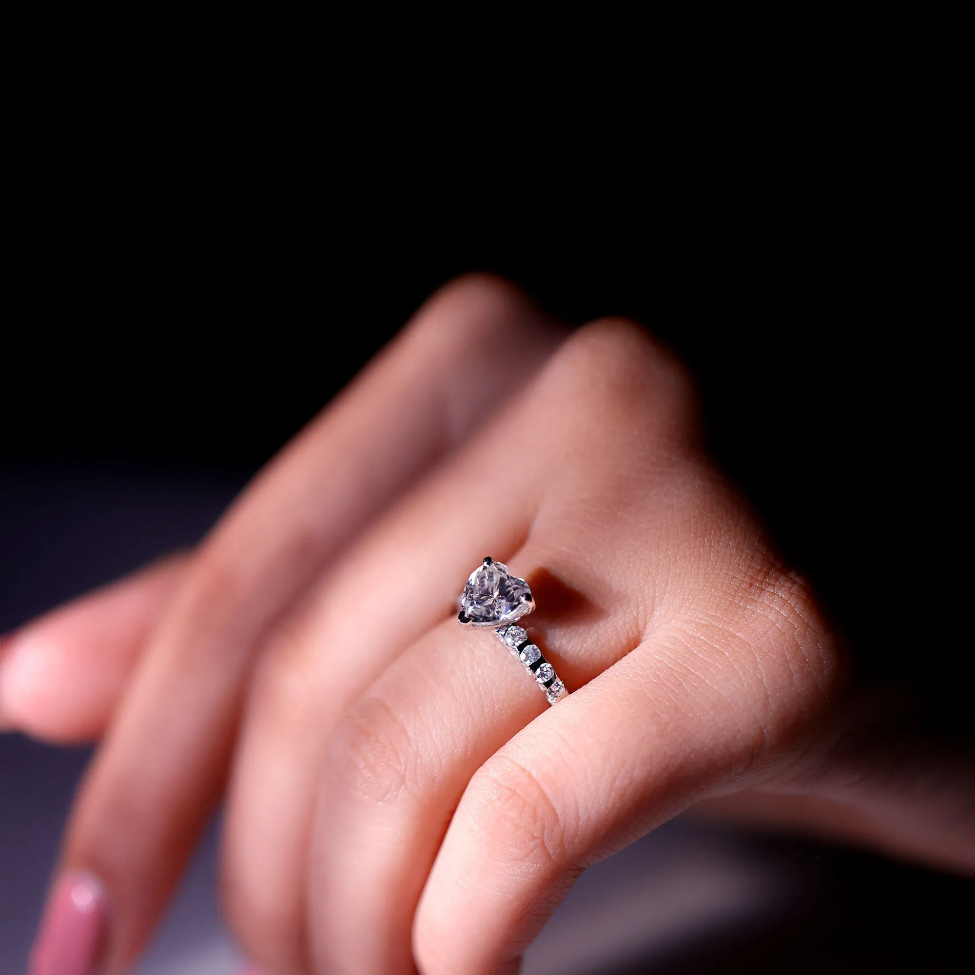 Heart Shape Moissanite Solitaire Engagement Ring with Side Stones
