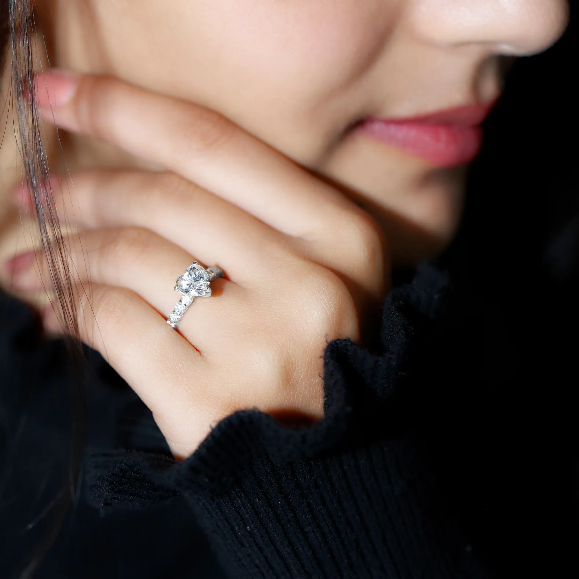 Heart Shape Moissanite Solitaire Engagement Ring with Side Stones