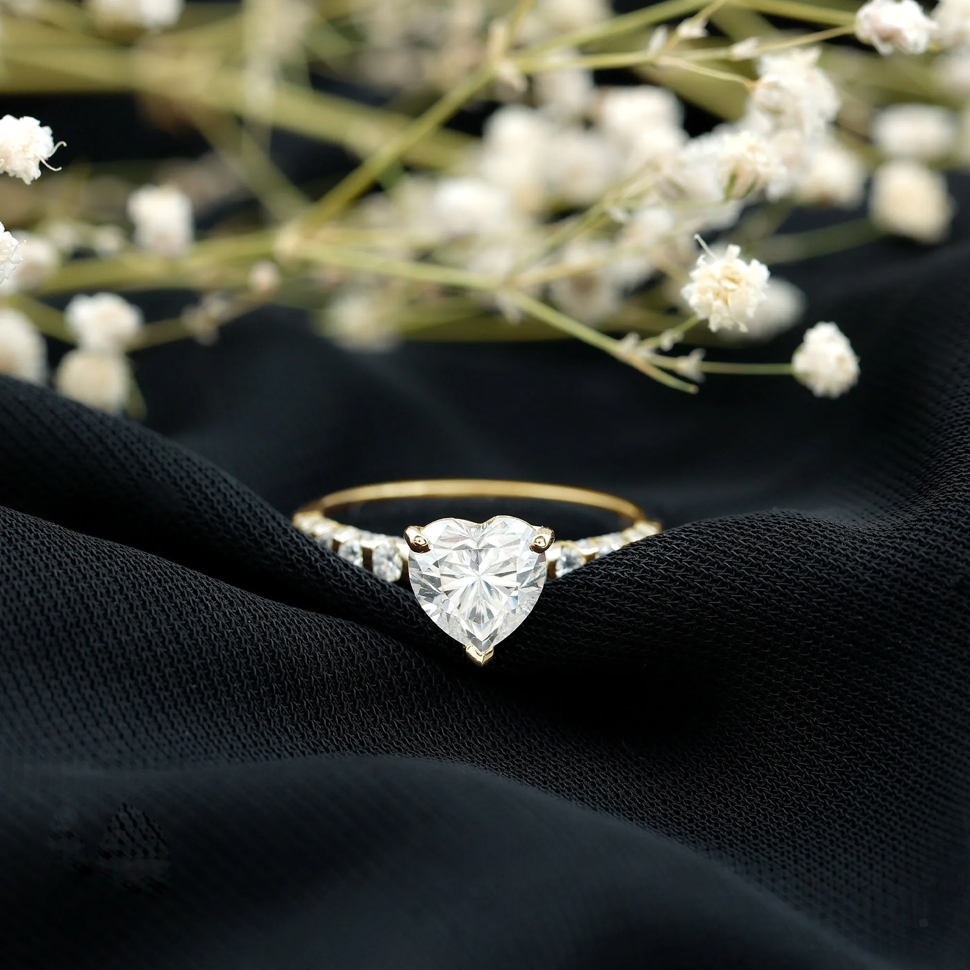 Heart Shape Moissanite Solitaire Engagement Ring with Side Stones