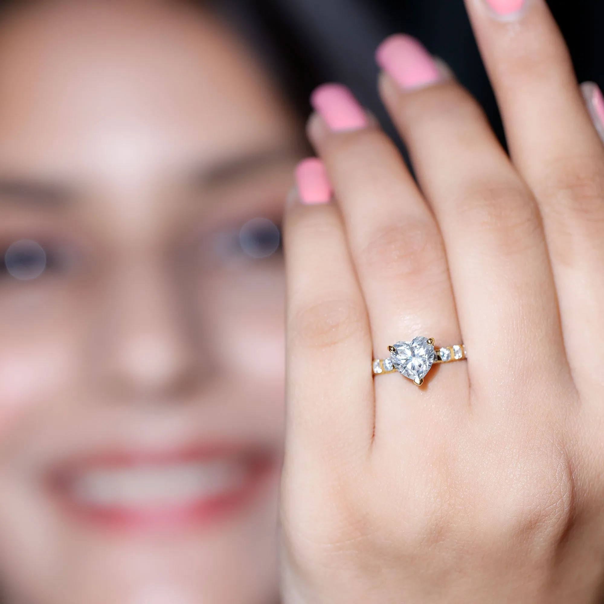 Heart Shape Moissanite Solitaire Engagement Ring with Side Stones