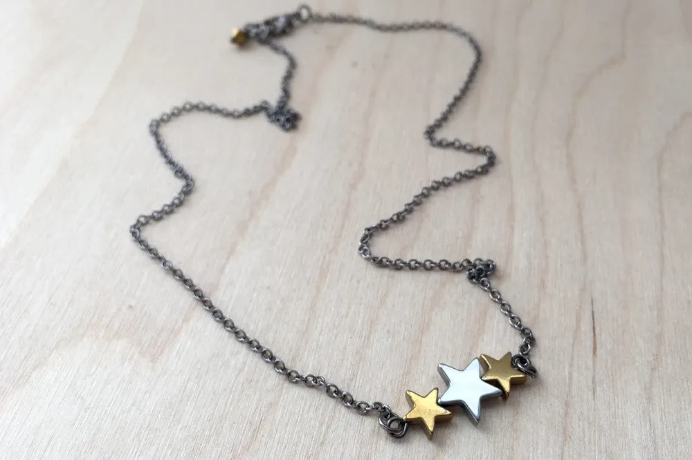 Hematite Star Trio Necklace | Star Charm Necklace | Space Jewelry