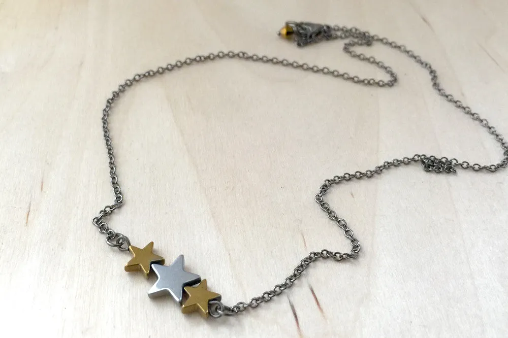 Hematite Star Trio Necklace | Star Charm Necklace | Space Jewelry