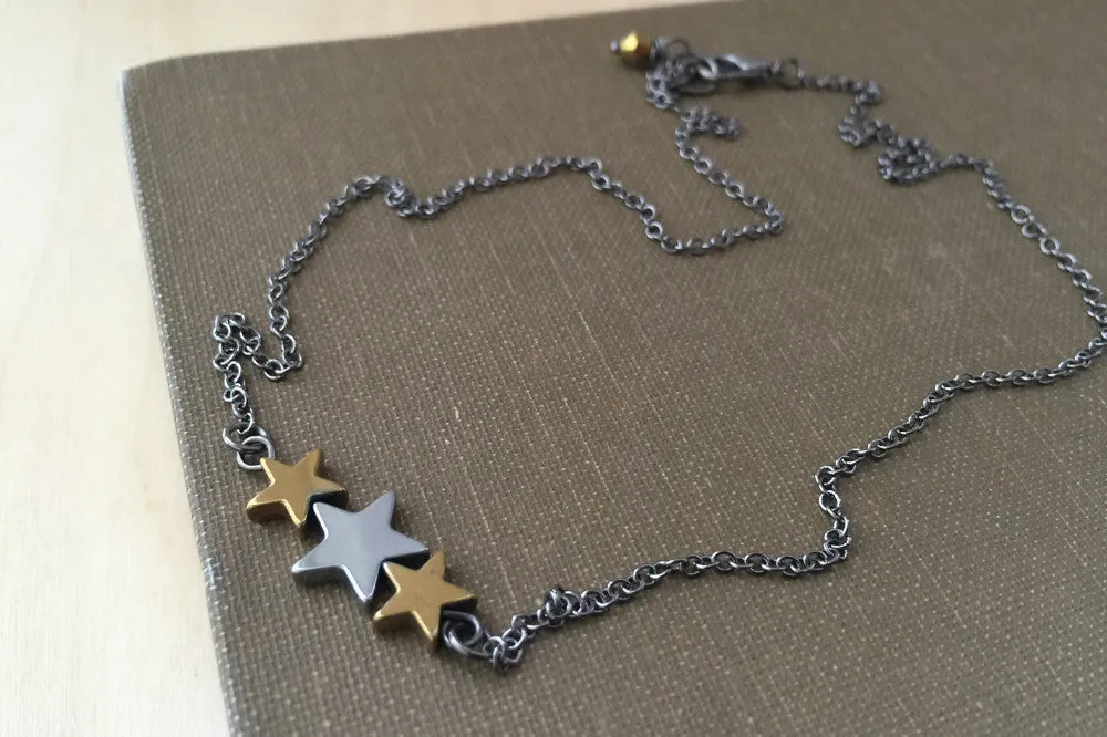 Hematite Star Trio Necklace | Star Charm Necklace | Space Jewelry