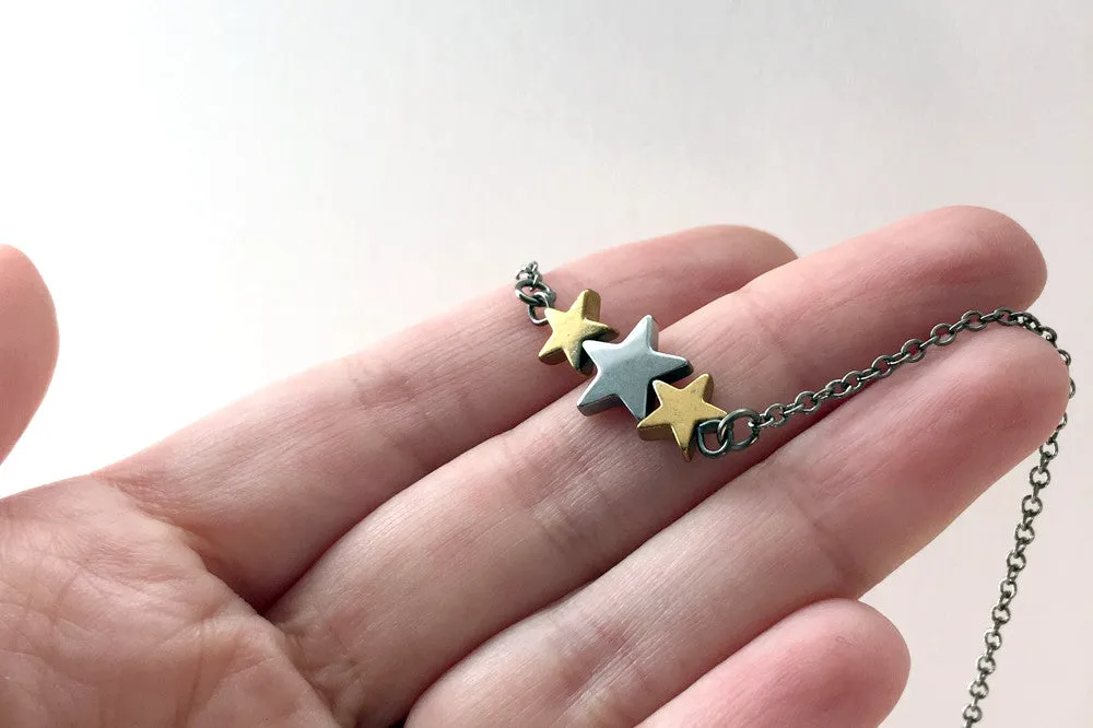 Hematite Star Trio Necklace | Star Charm Necklace | Space Jewelry