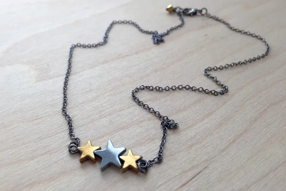 Hematite Star Trio Necklace | Star Charm Necklace | Space Jewelry
