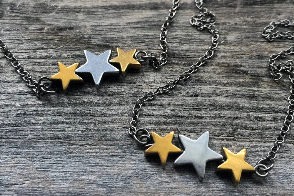 Hematite Star Trio Necklace | Star Charm Necklace | Space Jewelry