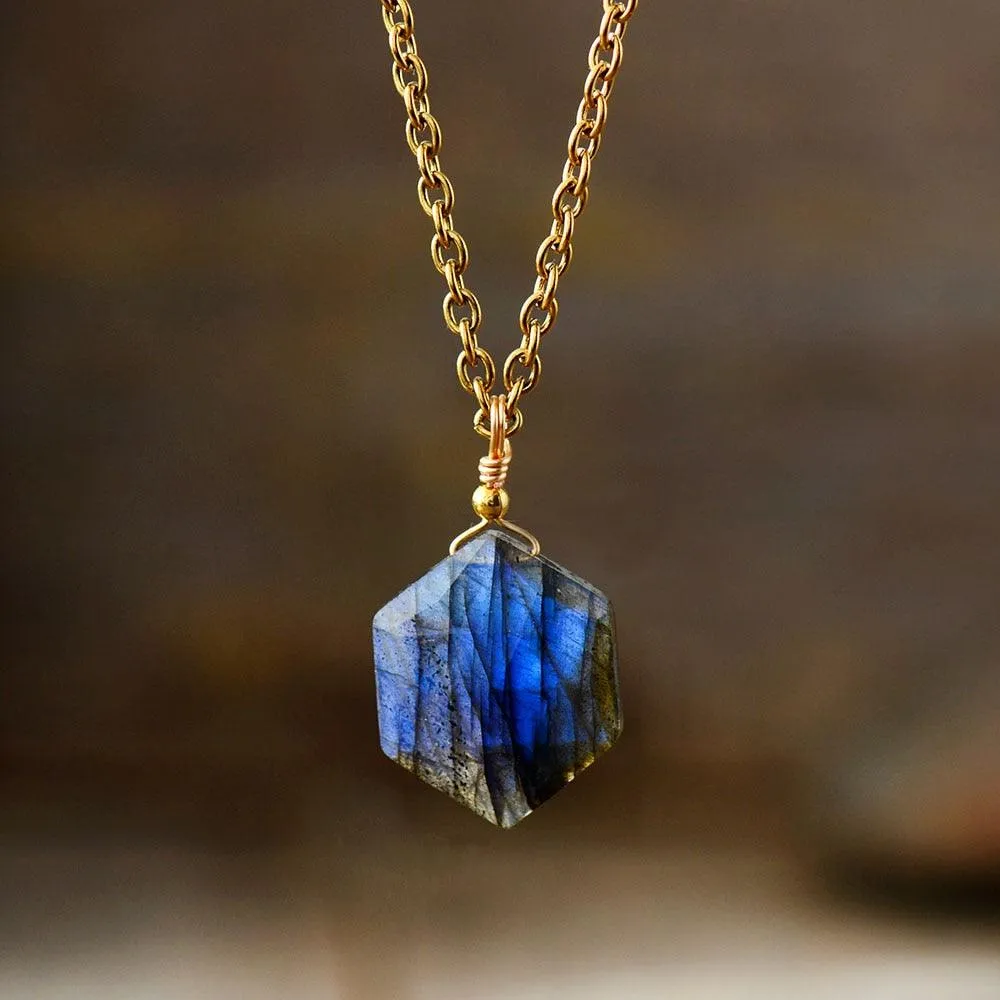 'Hexa' Natural Labradorite Pendant Necklace