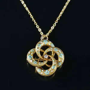 Krementz Diamond Enamel Lover Knot Brooch Pendant 14K Gold