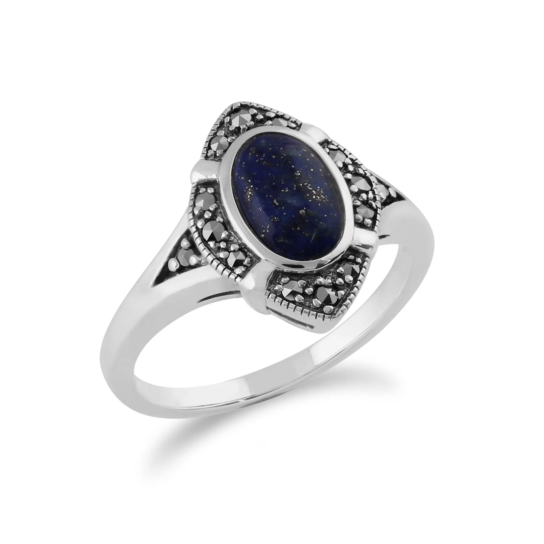 Kunst Deko Ring, 925 Sterlingsilber 1.00ct ct Lapislazuli & Markasit Kunst Deko Ring