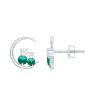 Lab-Created Emerald and Moissanite Cat and Moon Stud Earrings