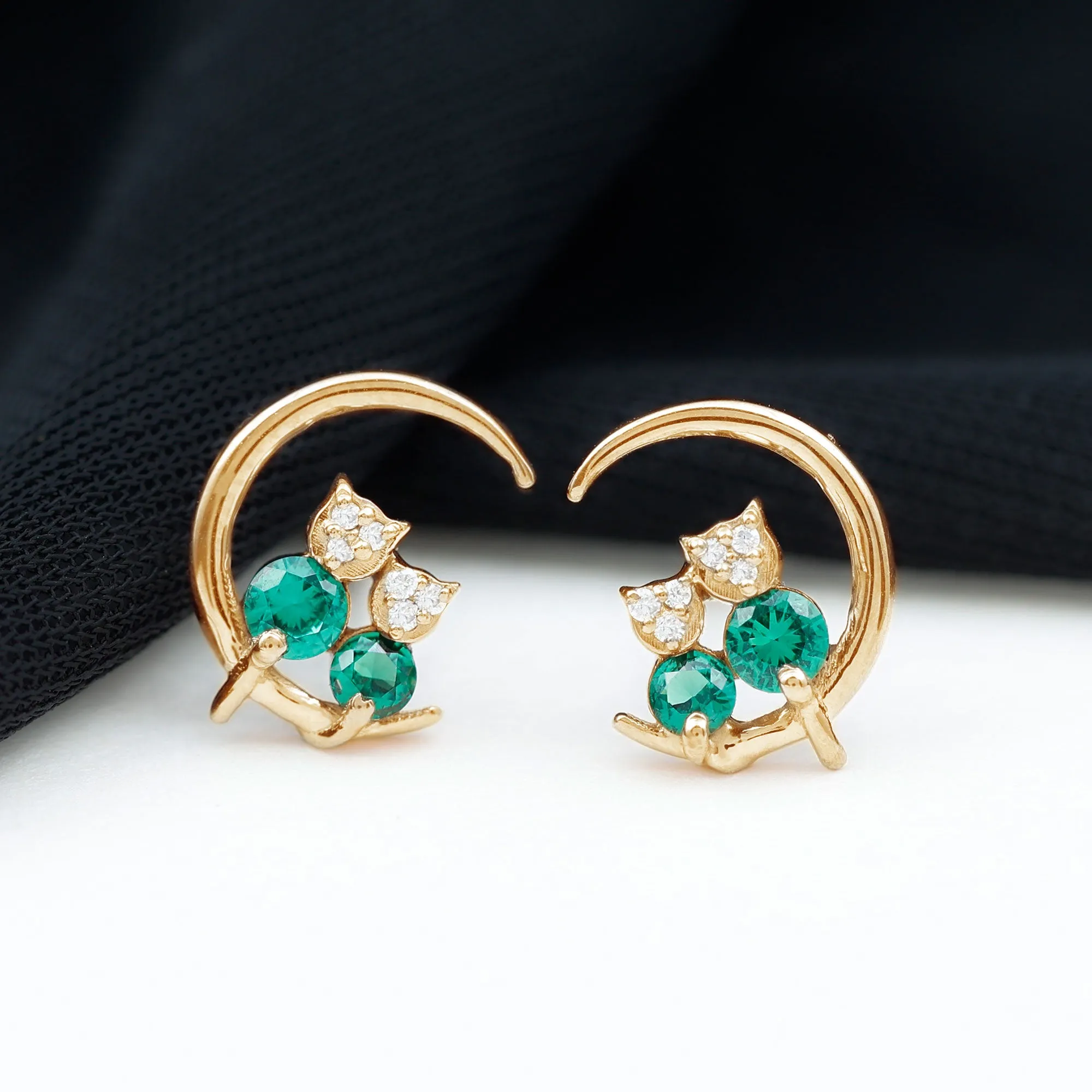 Lab-Created Emerald and Moissanite Cat and Moon Stud Earrings