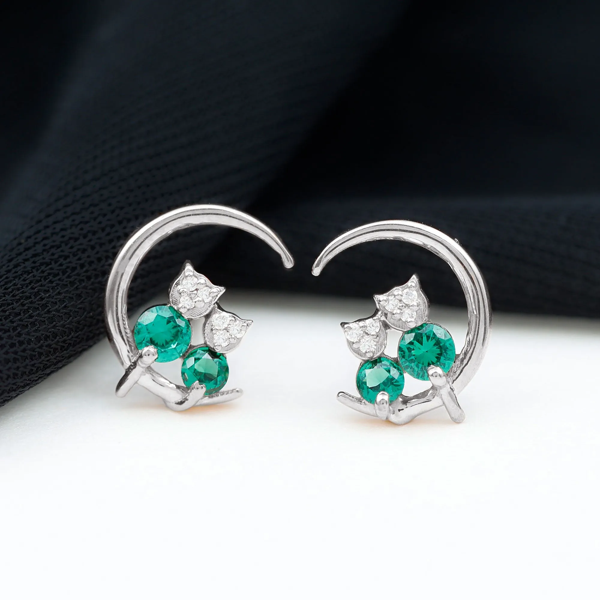 Lab-Created Emerald and Moissanite Cat and Moon Stud Earrings