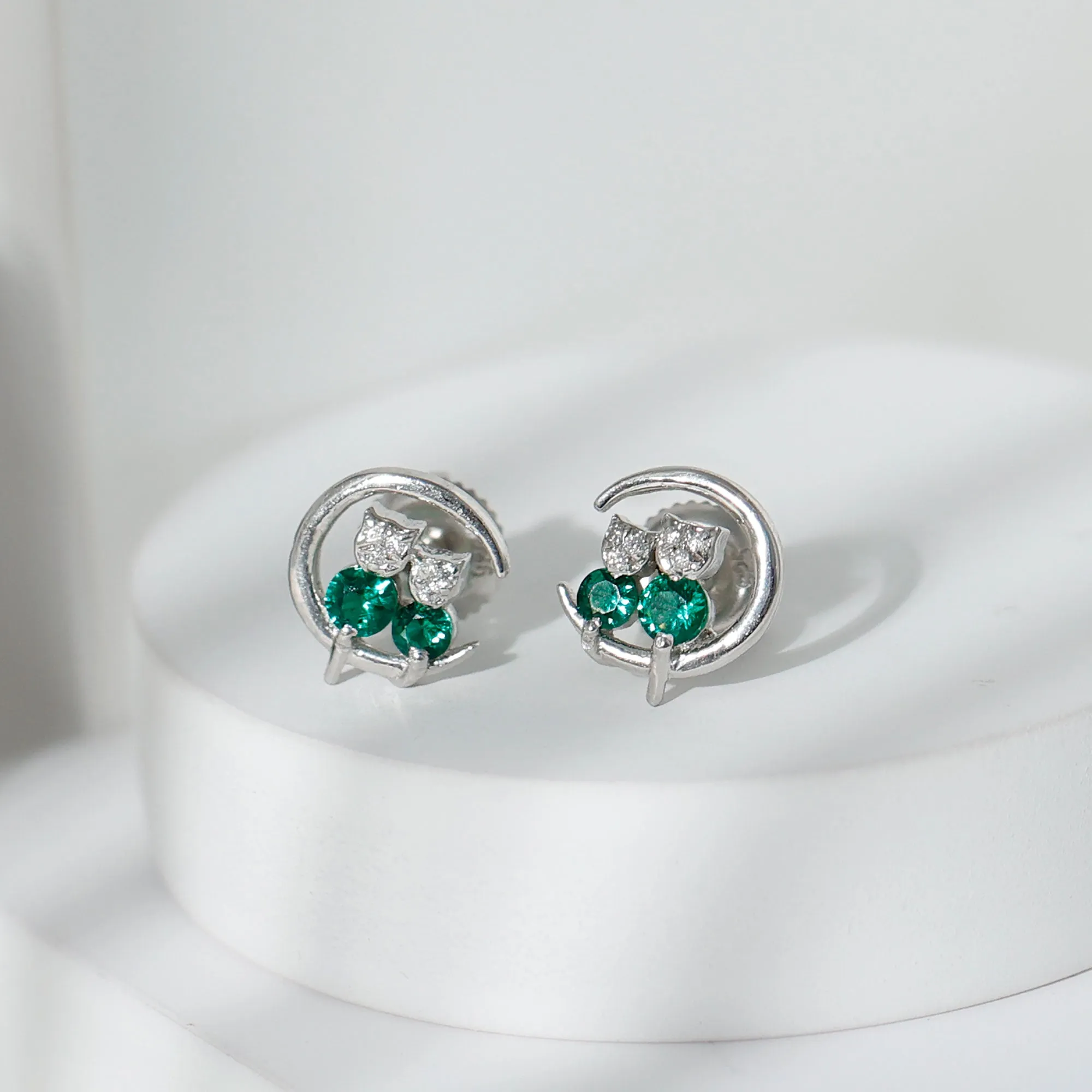 Lab-Created Emerald and Moissanite Cat and Moon Stud Earrings