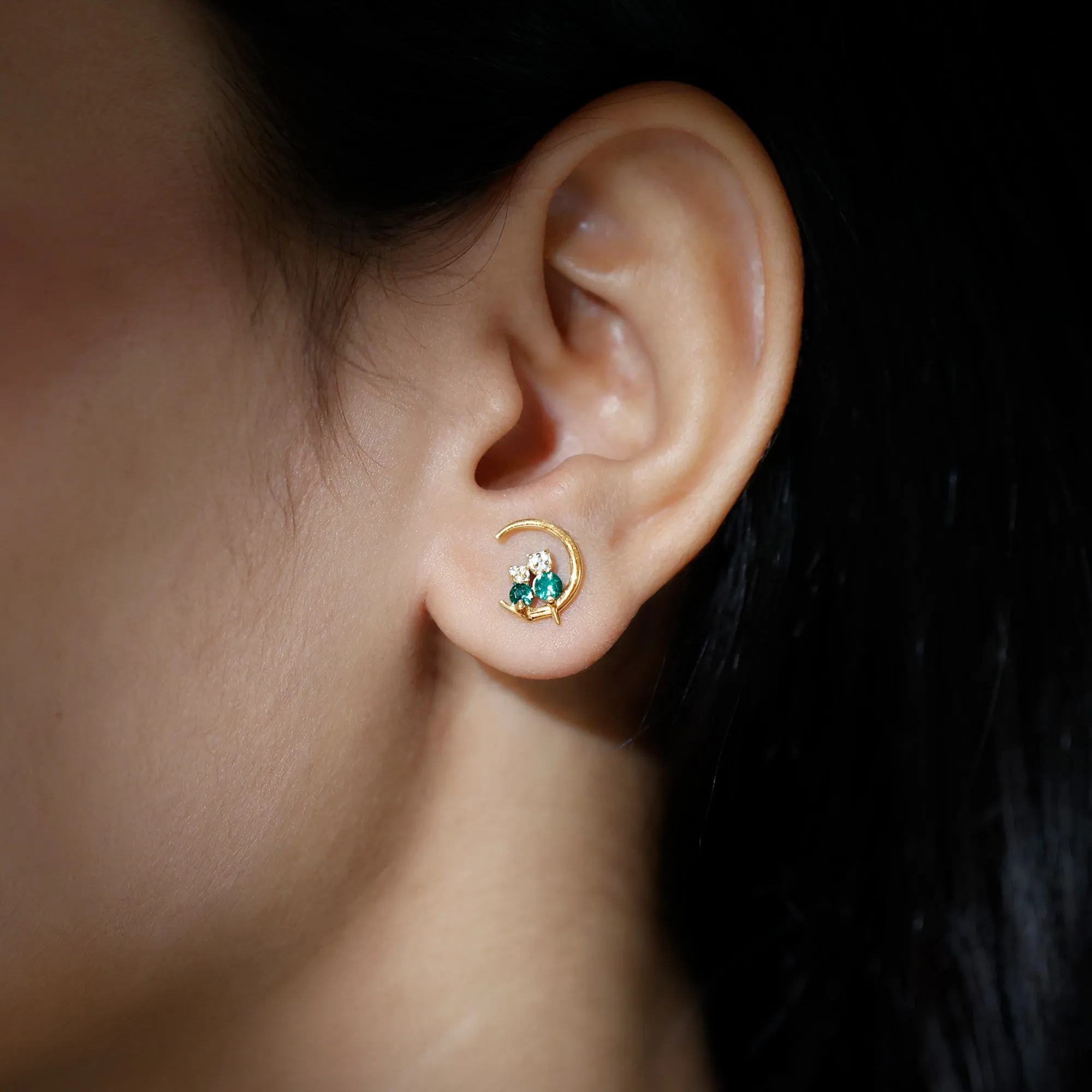 Lab-Created Emerald and Moissanite Cat and Moon Stud Earrings