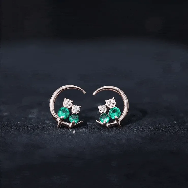 Lab-Created Emerald and Moissanite Cat and Moon Stud Earrings