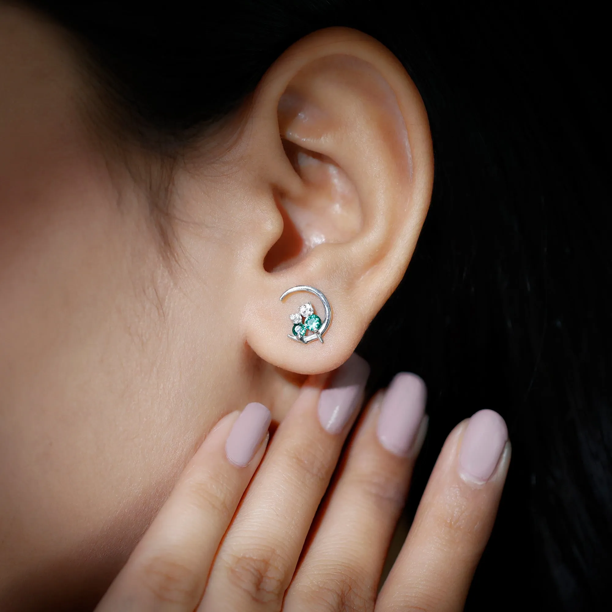 Lab-Created Emerald and Moissanite Cat and Moon Stud Earrings