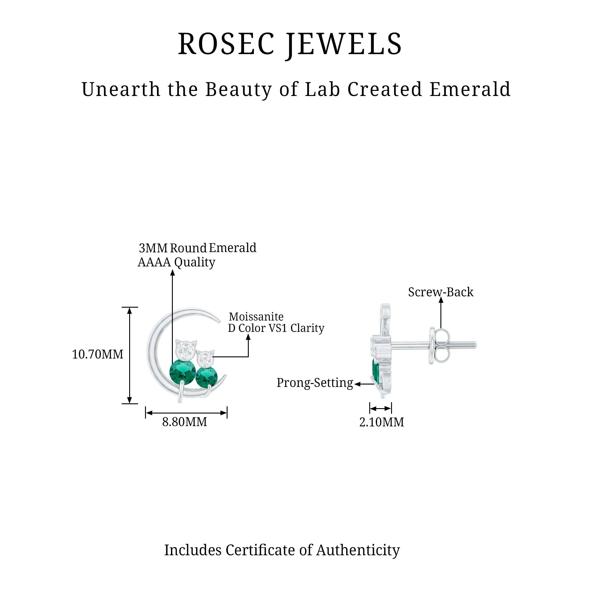 Lab-Created Emerald and Moissanite Cat and Moon Stud Earrings