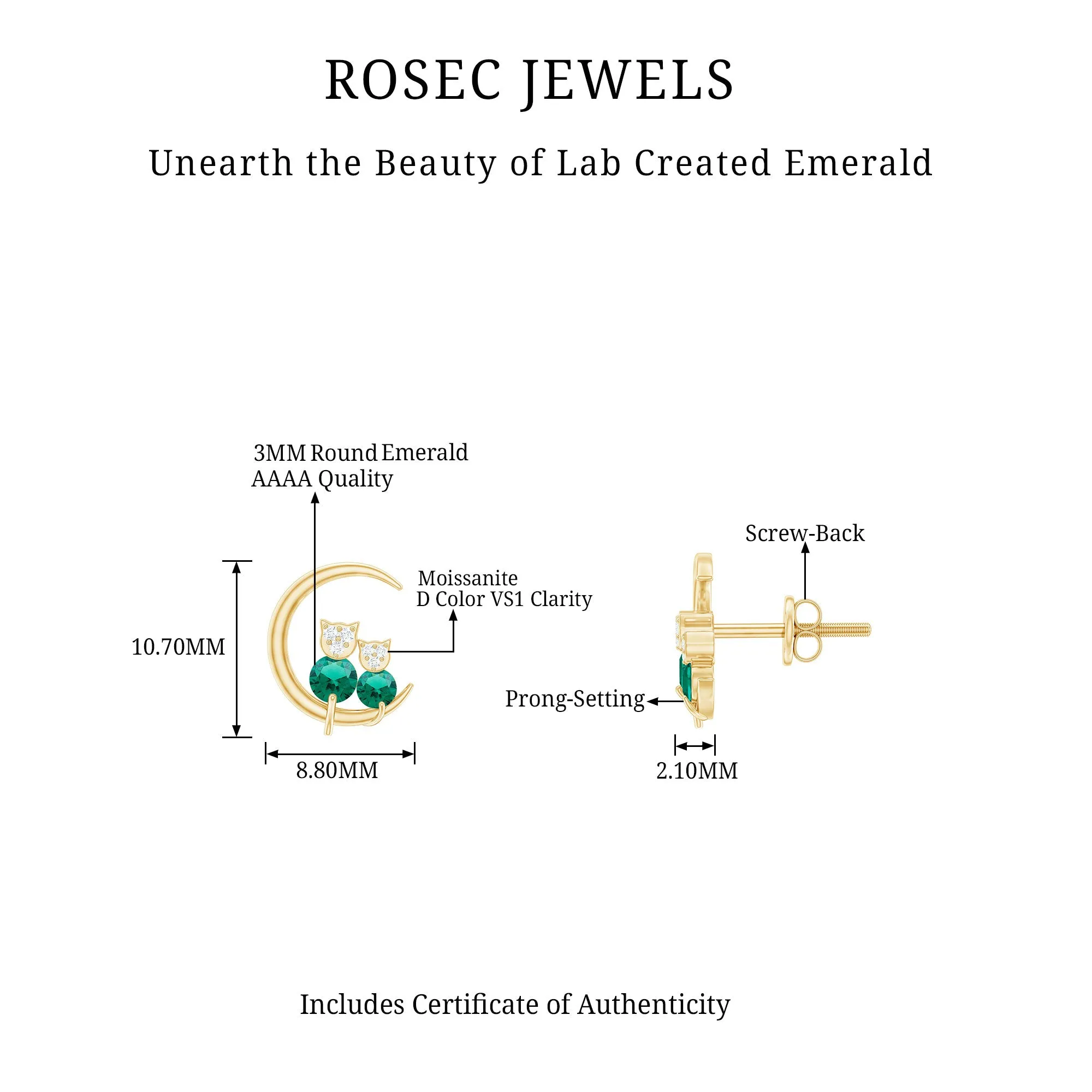 Lab-Created Emerald and Moissanite Cat and Moon Stud Earrings