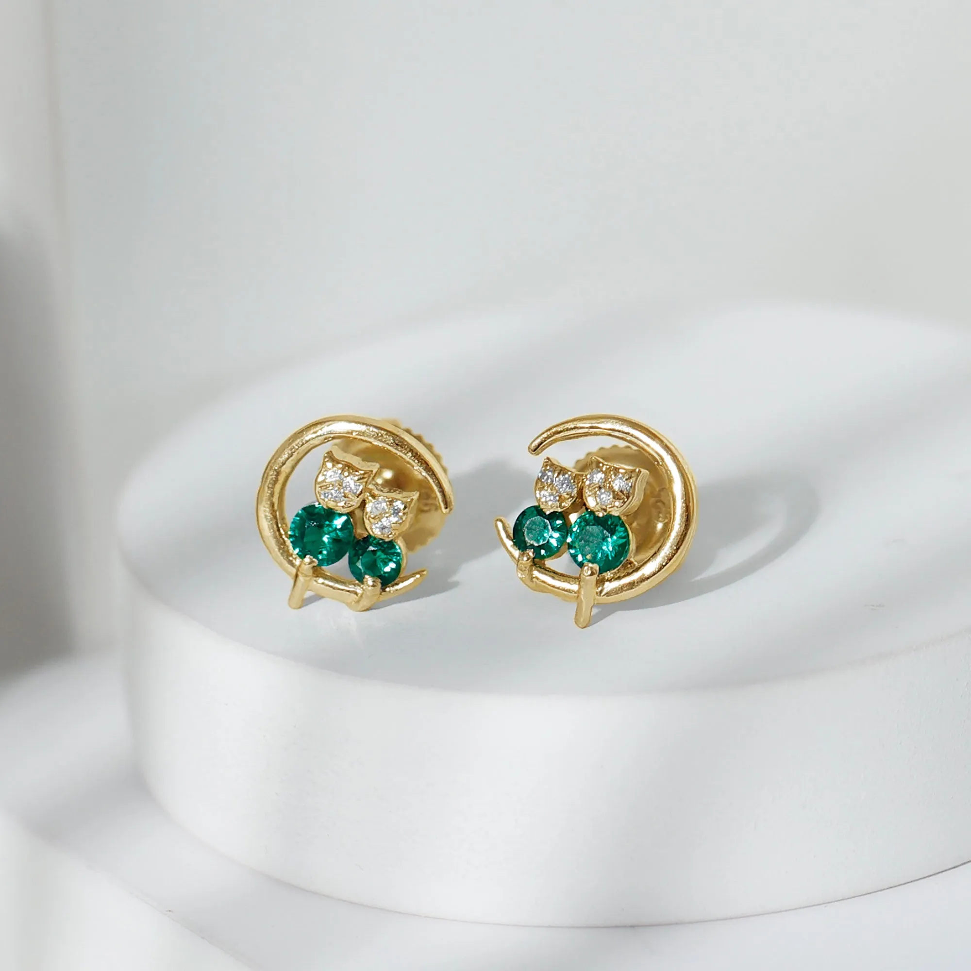 Lab-Created Emerald and Moissanite Cat and Moon Stud Earrings